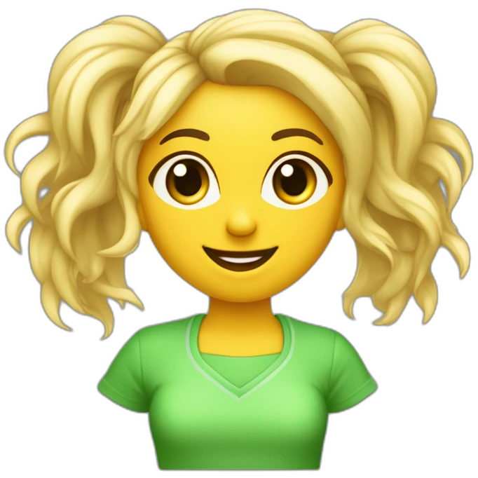 Chica cara redonda rubia pelo rizado largo y flequillo con ropa verde lima muy sonriente delante ordenador emoji