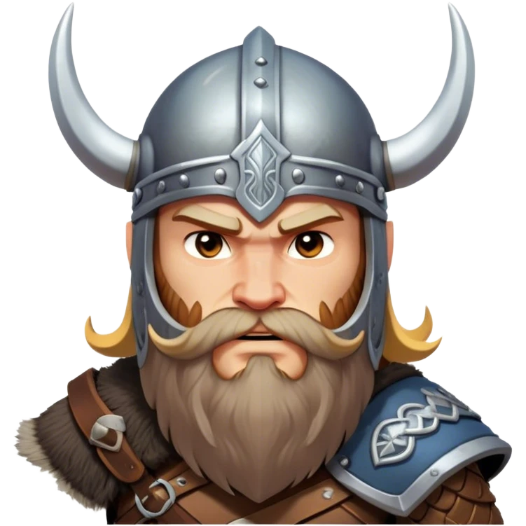 Clash of Clans aesthetic: Cinematic Fierce Viking Portrait Emoji, Poised and bold with a rugged yet stylized build, wearing a simple horned helmet and sporting a neatly trimmed beard, his face rendered in a natural skin tone, intense eyes reflecting fierce determination, Simplified yet dynamic features, highly detailed, glowing with a cool, battle-ready radiance, high shine, brave and resolute, stylized with an air of ancient Nordic valor, focused and commanding, soft glowing outline, capturing the essence of a fearless Viking adventurer ready to set sail on epic quests! emoji