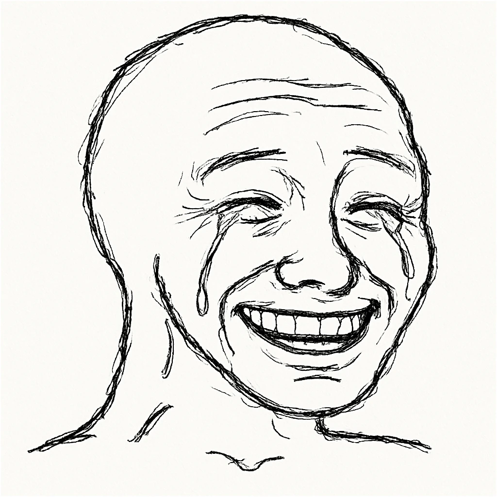Wojak meme face, smiling, with tears of joy, simple line art emoji