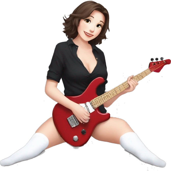 alistic full body caucasian curvy beauty short black skirt front view knickers long white socks sitting playing red drumkit emoji