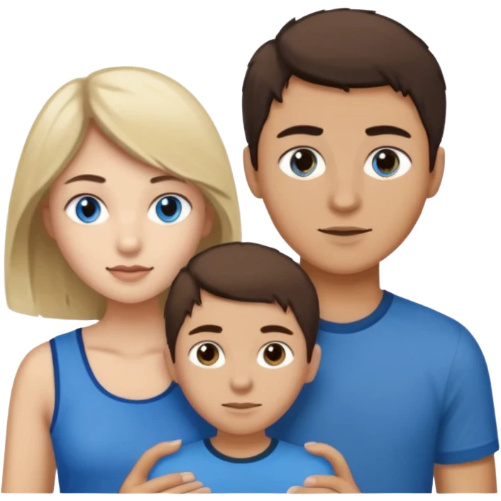 Una pareja heterosexual. La chica de piel blanca pero bronceada (española), pelo al estilo wolfcut castaño oscuro, ojos marrones. El chico de piel blanca, ojos azules y pelo castaño claro, tirando para rubio oscuro. emoji