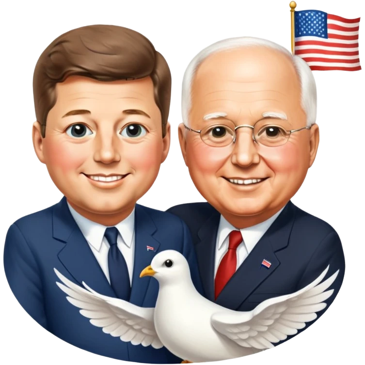 John F. Kennedy and Mikhail Gorbachev side by side, smiling, friendly diplomatic atmosphere, small peace symbol and doves, US and USSR flags as accents emoji