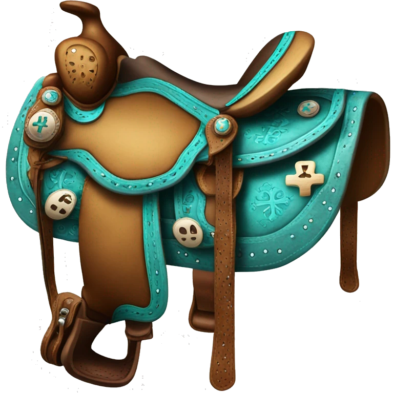 Western saddle with turquoise details and a cross on the side  emoji