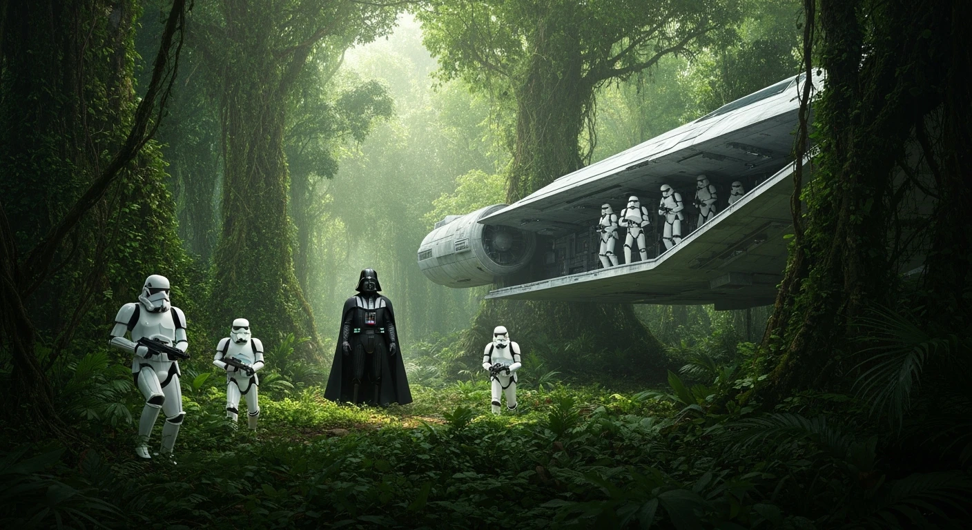 cinematic still, Medium shot, amazon jungle, Darth Vader around stormtroopers coming out from starship on ground, they are exploring the jungle, inspired by StarWars movie, captured by arri alexa emoji