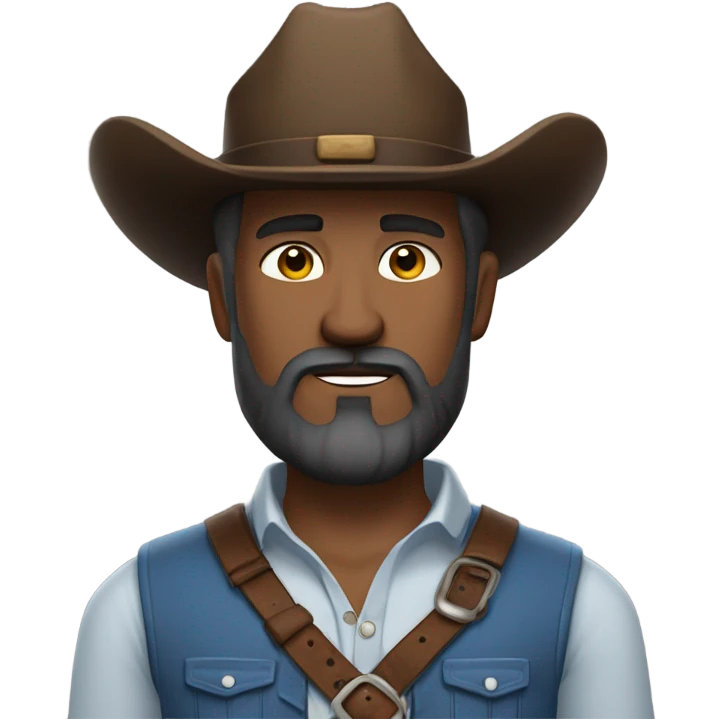 a rugged cowboy with a thick beard, wearing a blue vest over a classic western shirt and a brown belt with a silver buckle. He should have a confident stance, exuding a strong and adventurous frontier spirit. emoji