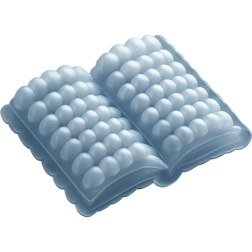 top view of a thick open book made entirely of small, very bright white fluffy convex clouds, matte glass style emoji