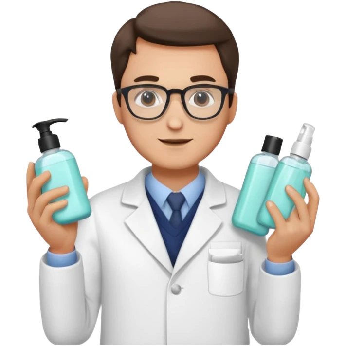 man with white coat and glasses holding skincare products emoji