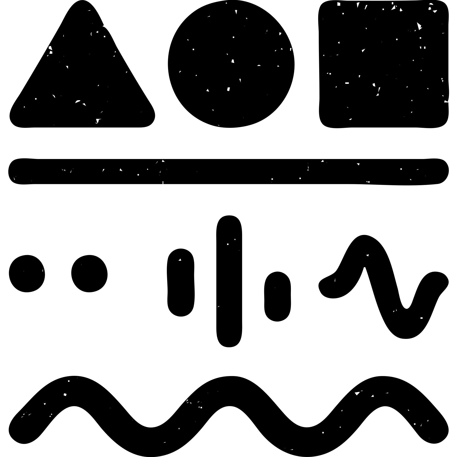 abstract minimalist solid icon of geometric shapes below a horizontal line, with abstract data streams of lines, dots, or waves, worn and distressed effect emoji