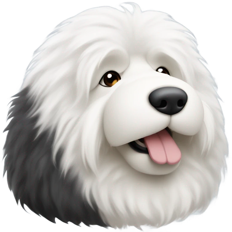 Fluffy Old English sheepdog face with the left half of his face white and the black half of his face black. White around the mouth and nose emoji