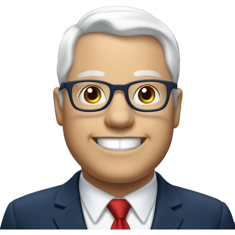 A fat man, white hair, with glasses, no beard, smiling with teeth, and wearing a navy blue suit and red tie emoji