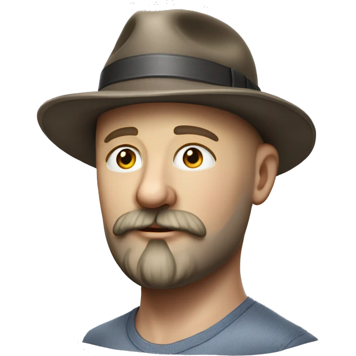 Photorealism A plump bald man of Slavic appearance with a goatee beard and mustache, wearing a fedora hat, big details emoji