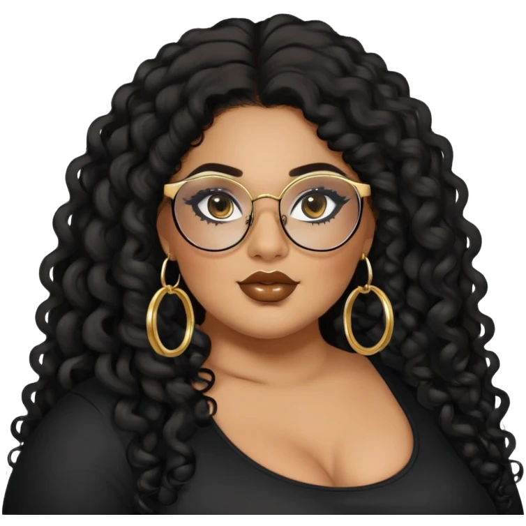 big plus size, latina, darker tan skin, gold hoops, long black curly hair, baddie,pretty, makeup, lipgloss, black eyeliner, long hair, black top, black glasses emoji