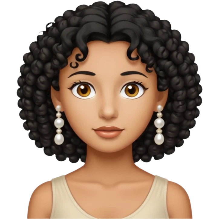 curly hair, tanned skin with tanned lines, light brown eyes, pearls earrings  emoji