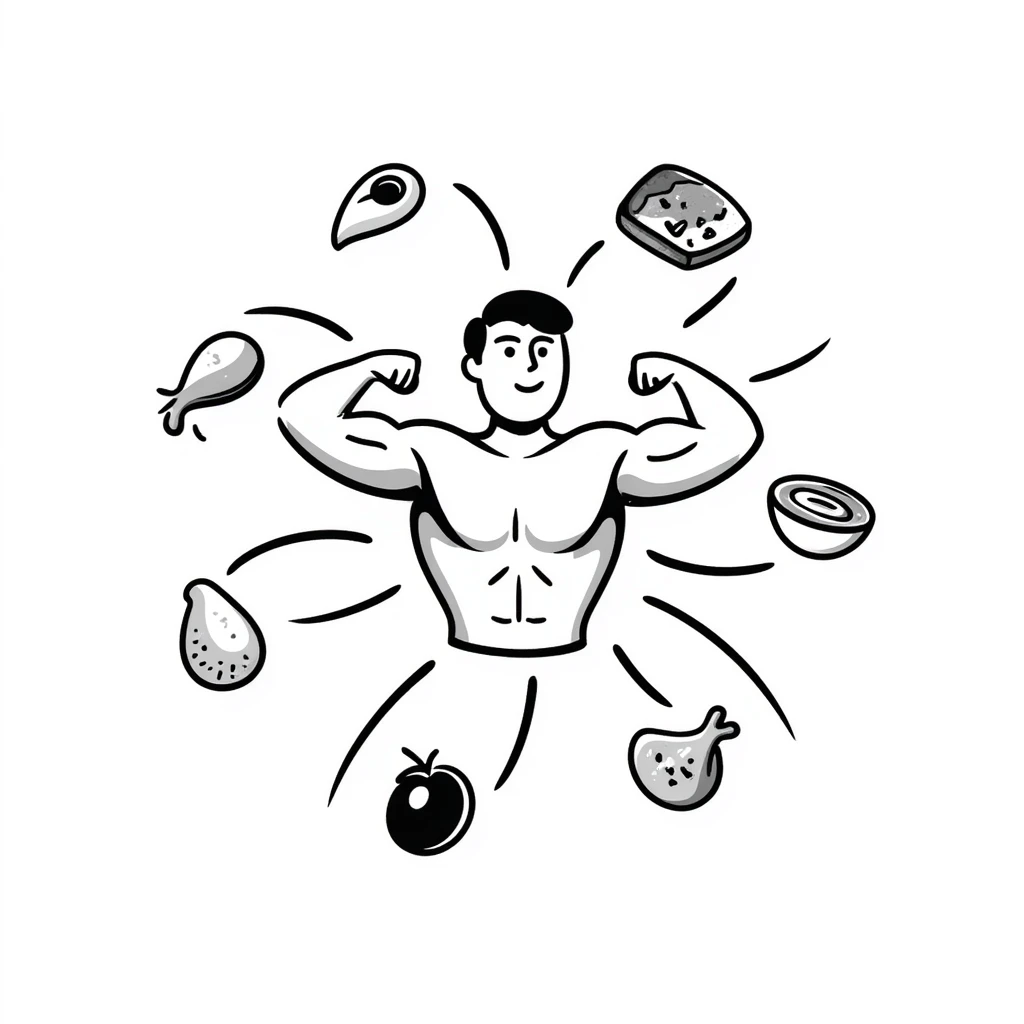 Glowing muscle fibers in the center, with protein foods (meat, egg, beans, tofu, yogurt) floating around but connected to each other forming a unified chain or cluster orbiting the muscle fibers. emoji