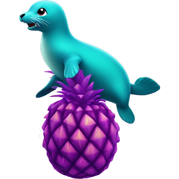 teal seal jumping exploding out of big purple pineapple emoji