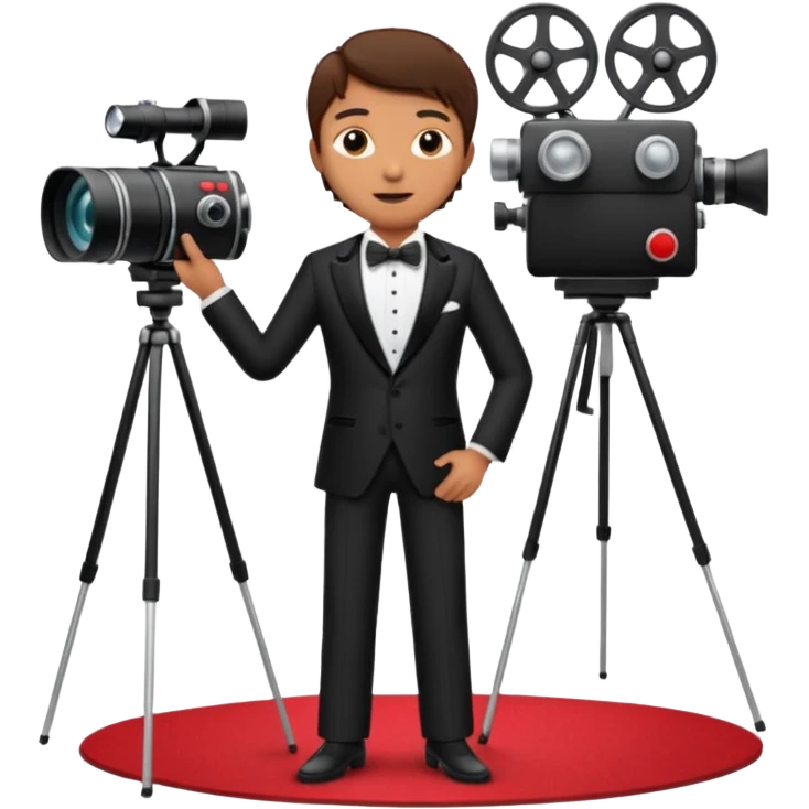 an actor standing on a red carpet with a formal tuxedo, with only one movie camera on a tripod next to him. emoji