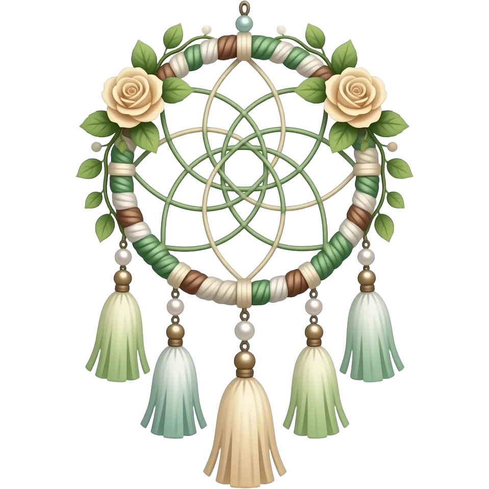 Hippie-like Cute dainty neat Pastel Green-white-brownish-beige-gradients thread-rope-hanging dreamcatcher, pastel colors, whitish, light, green academia aesthetic, mossy, with green vines and beige roses, Cottagecore, Princesscore, shiny glistening, vintage, pearls, tassels emoji