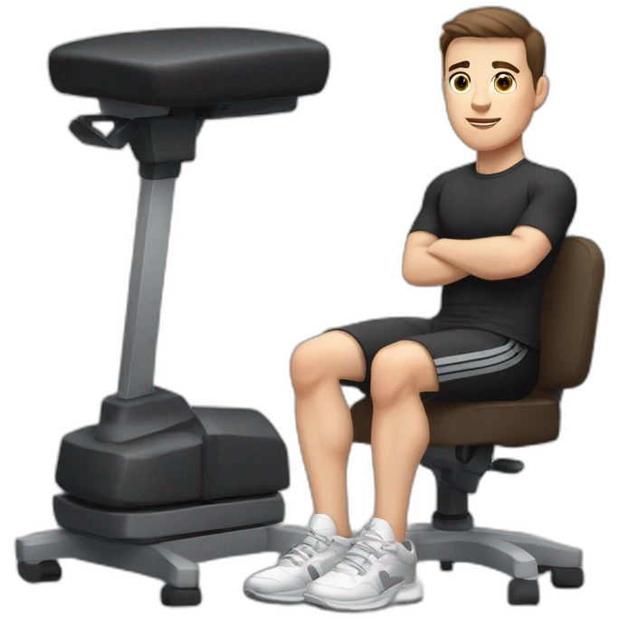 Pale skinned Fit Man With the biceps and dark brown hair in black shirt, gray sports shorts and white Sneakers Sitting on a chair emoji