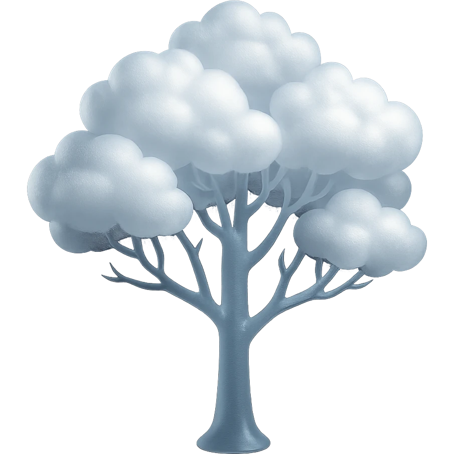 one tree with many branches and a white trunk, crown made of small very bright white fluffy convex clouds, matte glass style emoji