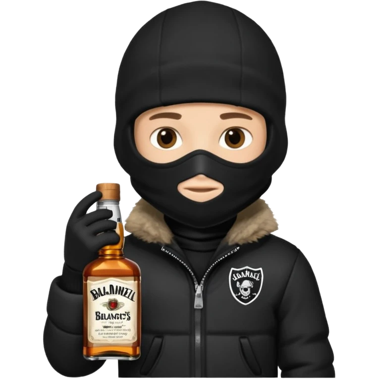 Junge mit Sturmhaube in der Rechten hand eine jacky flasche und schwarze winterjacke mit fell an der mütze 2 meter gross emoji