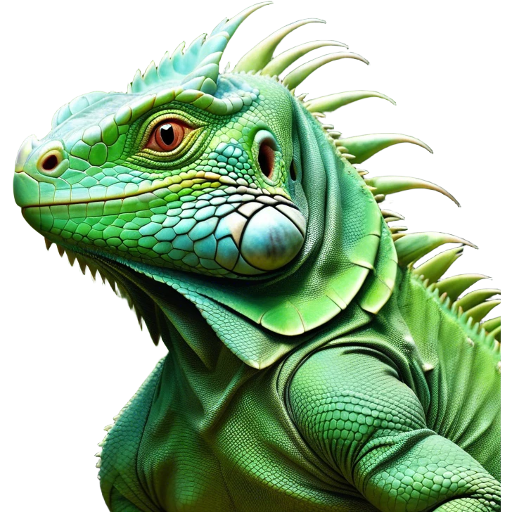 Cinematic Noble Iguana Portrait Emoji, Poised and majestic, with a robust, muscular build and a vibrant, scaly body accented by a prominent spiky crest and keen, observant eyes, Simplified yet sharp and sophisticated features, highly detailed, glowing with a soft, jungle radiance, high shine, intelligent and formidable, stylized with an air of ancient reptilian authority, focused and commanding, soft glowing outline, capturing the essence of a watchful guardian that appears ready to stride out of the screen with effortless might! emoji