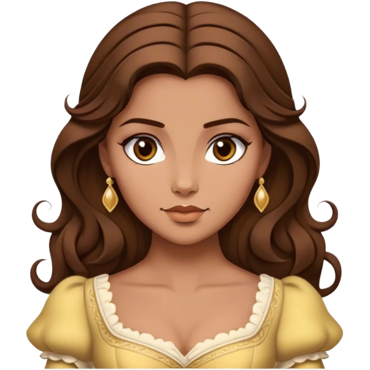 Cinematic Realistic Belle Portrait, depicted with lifelike skin texture, soft natural lighting, and intricately detailed brown hair styled elegantly. Her deep, expressive eyes exude warmth and intelligence, complemented by a serene and graceful expression. She is dressed in her classic attire, with rich fabric textures and delicate folds that catch the light beautifully. The portrait features a soft, enchanting glow with a natural, radiant finish, capturing the essence of timeless beauty in a realistic and painterly style, evoking a sense of depth and authenticity. emoji