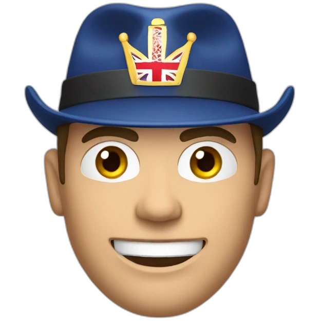 a muscular british man wearing a uk coloured hat driving a car emoji