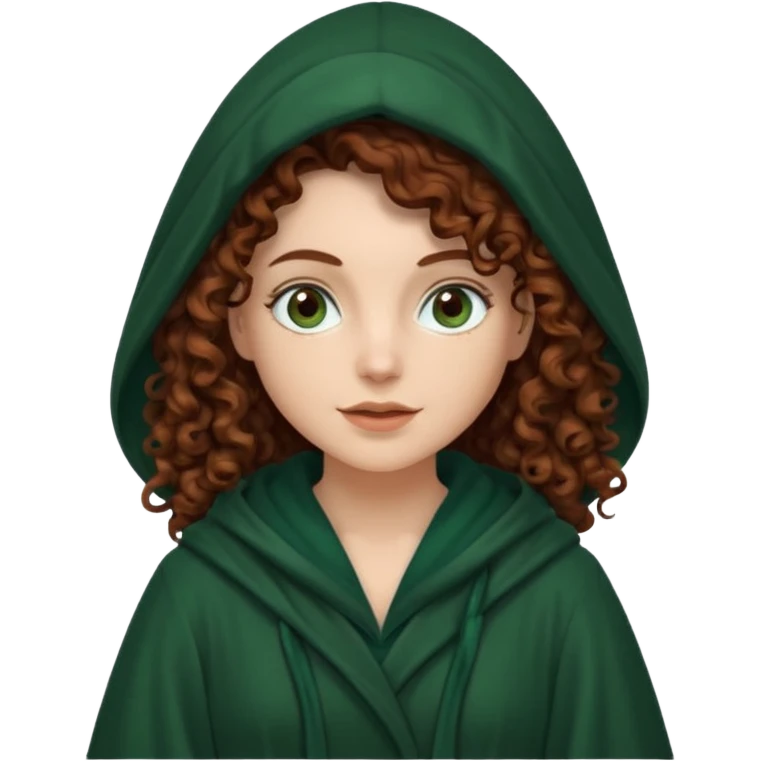 A white woman, a little thicker, with long dark auburn hair robed and hooded like she's a Traitor in the tv show The Traitors. her hair is mostly curly (kinda frizzy, not clean curls) and the robe is a dark dark forest green green emoji