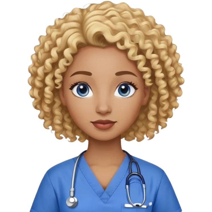 African American woman with curly blonde hair and blue eyes in scrubs emoji