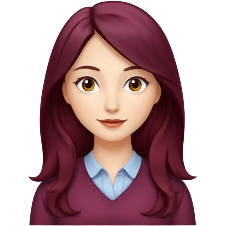 young white woman 
brown almond eyes
Long waist-long hair, center parted
slightly wavy
dark burgundy hair\ emoji