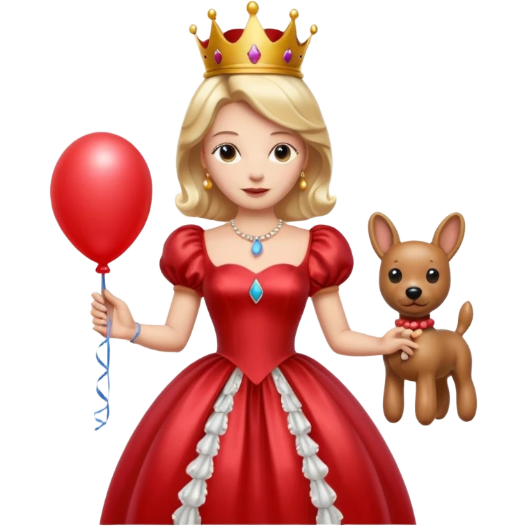 queen wearing dress, holding balloon dog emoji