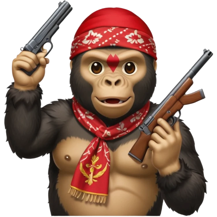 A gorilla holding a gun in the air with a bandana  emoji