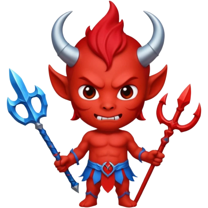 a Red devil, short horn Chibi red demon hold a blue trident emoji