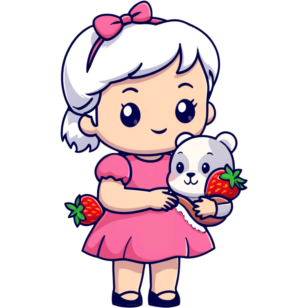 girl with white hair holding a strawberry wearing a pink dress holding a teddy bear emoji