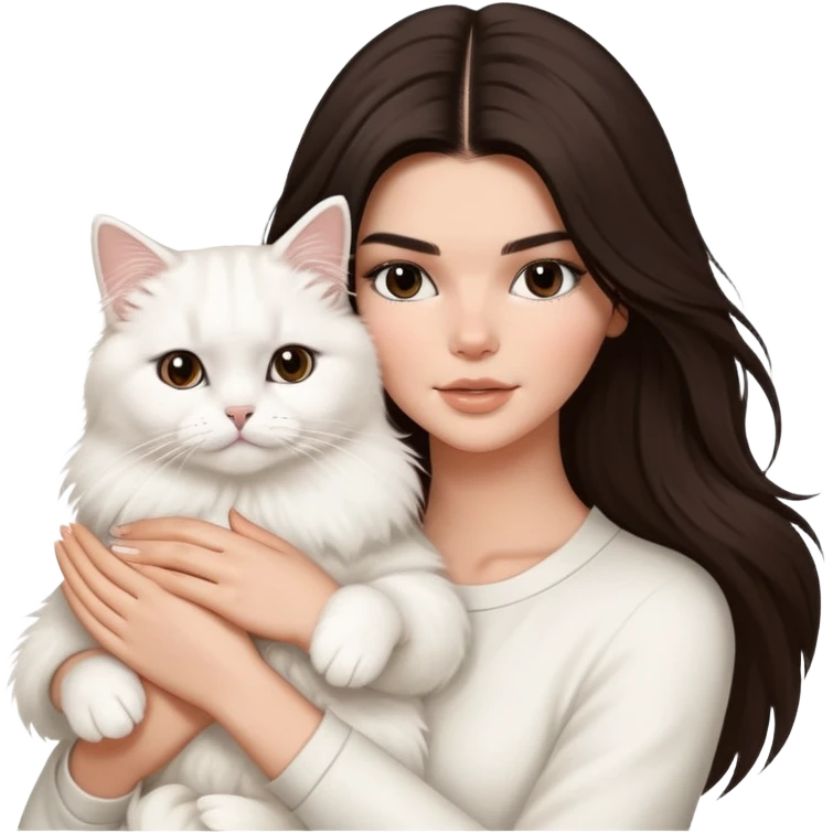 brunette Kendall Jenner with long hair holding on the hands a british white british cat emoji