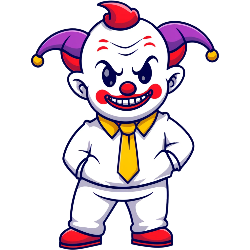 full-body demonic clown in a white leisure suit with bellbottom pants, bald, black ram horns, flashy belt, ruffled shirt, colorful tie, no elevator shoes emoji