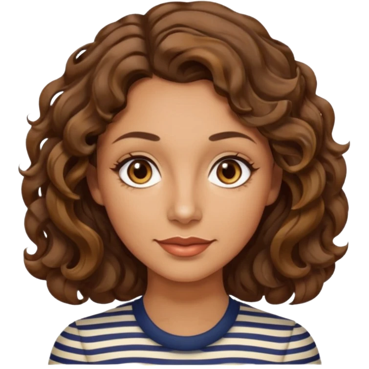 woman, 40s, chin-length wavy/curly brown-ish, few white stripes hair, hazel eyes emoji