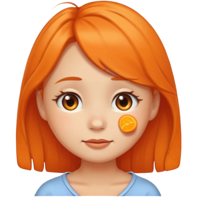 round-faced cartoon girl emoji with teary eyes, gentle smile, soft cheeks, tangerine hairpin, warm, emotional, cute emoji