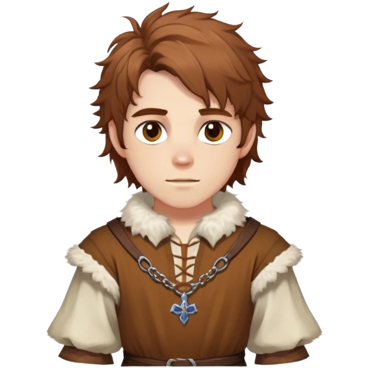 medieval spring outfit worn by a DnD themed fantasy male character. cotton tunic with sleeves rolled to the elbow, featuring a light fur-lined collar for chilly mornings. clothes only above the waist. The clothes full waist. The character's haven't arms. character is white-skinned, chestnut brown hair, amber eyes, shoulder-length messy hair. emoji