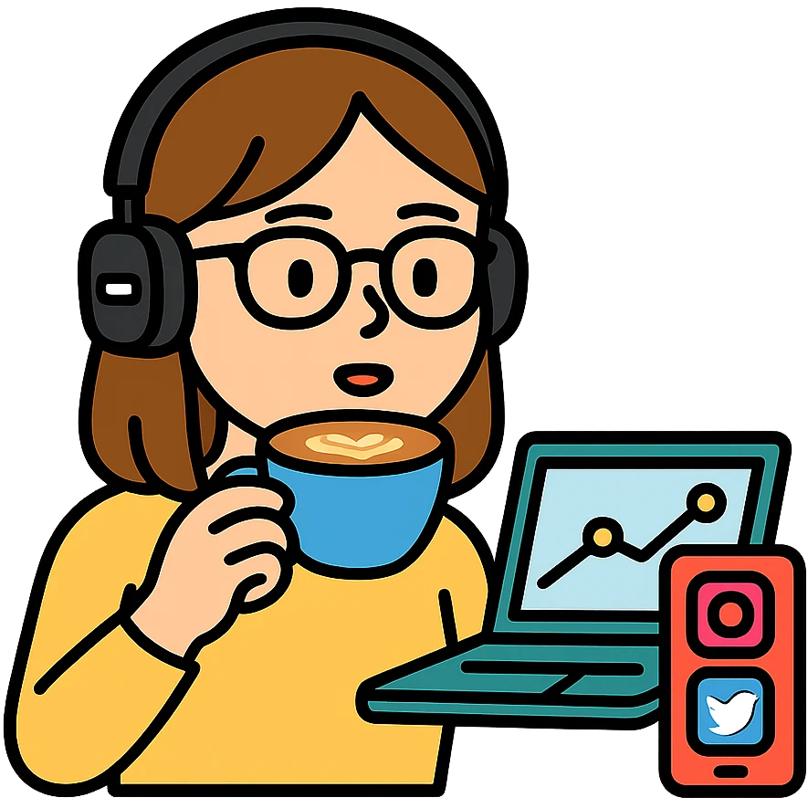 A girl with shoulder-length brown straight hair, wearing black-rimmed glasses, light skin, brown eyes, and black Marshall headphones, drinking a cappuccino. She is a social media manager, so include visual elements like a phone with social media apps or a laptop with analytics. emoji