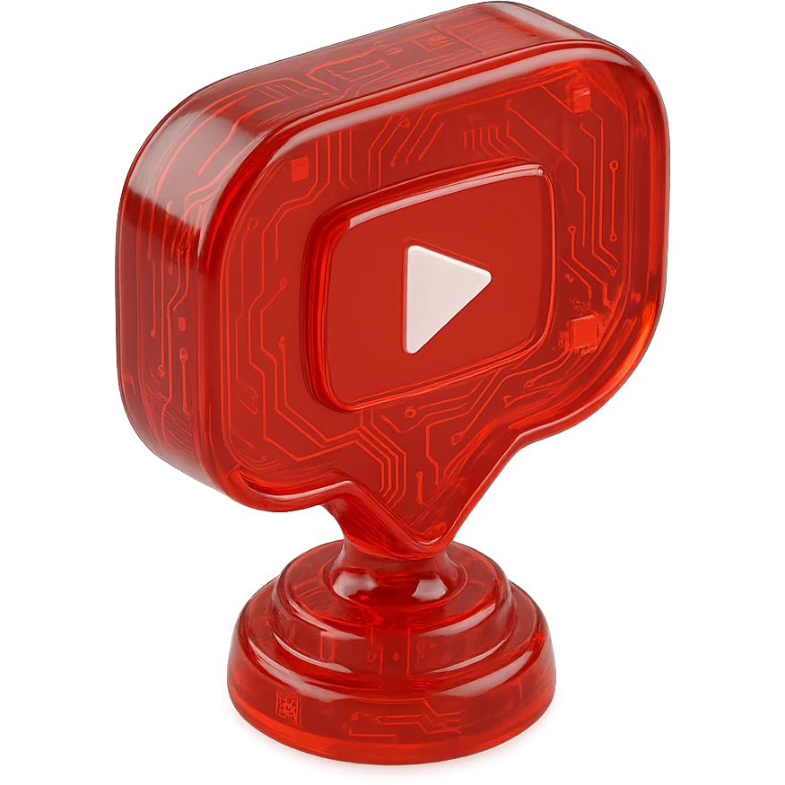 red speech bubble with a red YouTube play button, like a trophy, glossy circuit style emoji