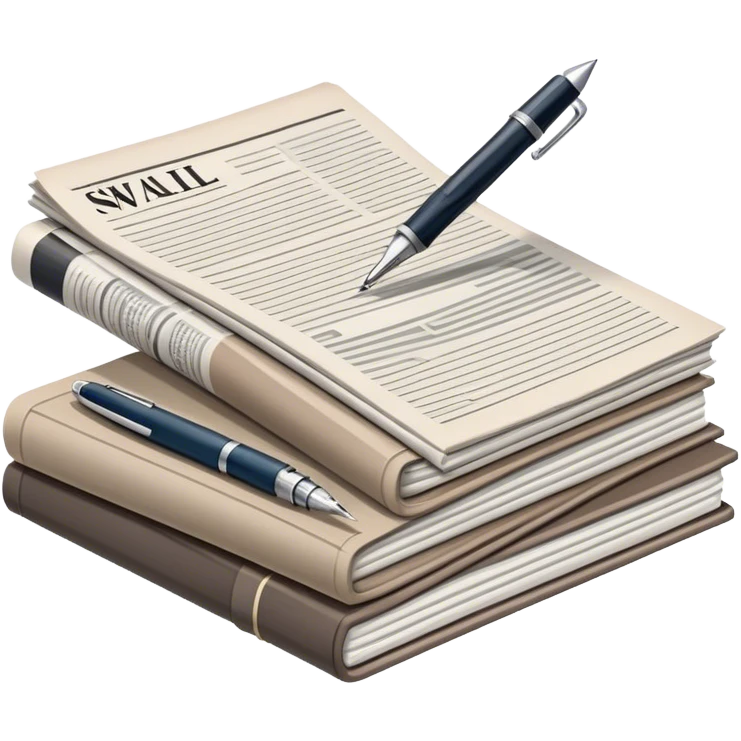 Create an emoji representing journalism and publicistic writing. The design should feature a stack of newspapers as the base, with an open working notebook placed on top of them. A single fountain pen should rest on the very top of the notebook, symbolizing the act of writing. Use neutral, professional colors like black, white, and muted tones to convey a sense of seriousness and intellect. Do not include any emojis or smiley faces. Make the background transparent. emoji