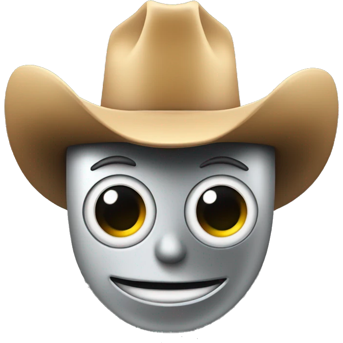 robot face with a cowboy hat, simplified, squared, small non descript eyes emoji