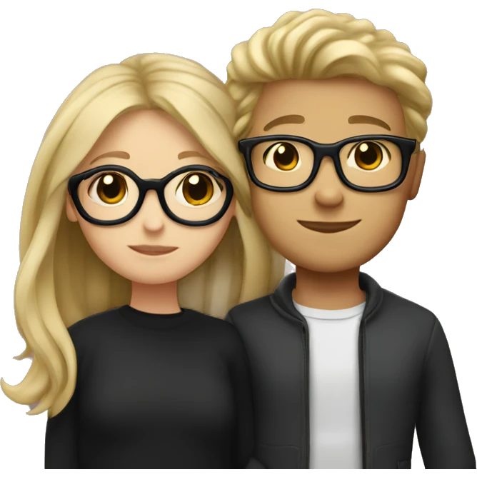 a boy with dark blonde locks and black glases hugging a girl with long blond hair and black glases  emoji
