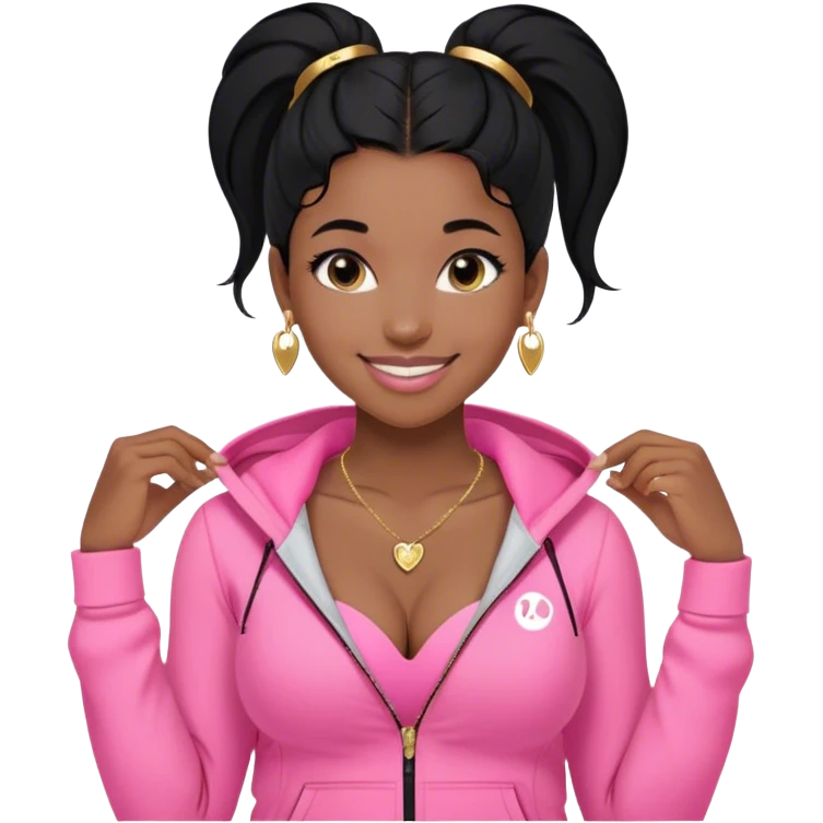 black girl doing a smiling face with black straigh hair and baby hairs half up half down with pink lululemon jacket with cleavage showing a little n with a gold necklace small heart necklace and gold diamond stud earrings  emoji
