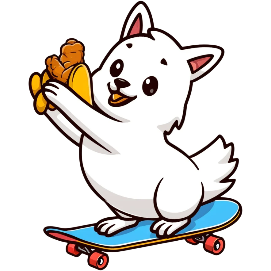 dog riding skateboard eating chicken wing emoji