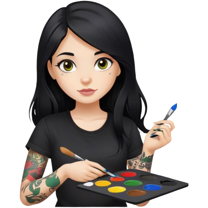 A girl with long black hair and hazel eyes and black tattoos on right arm holding a paint palette  wearing black shirt emoji