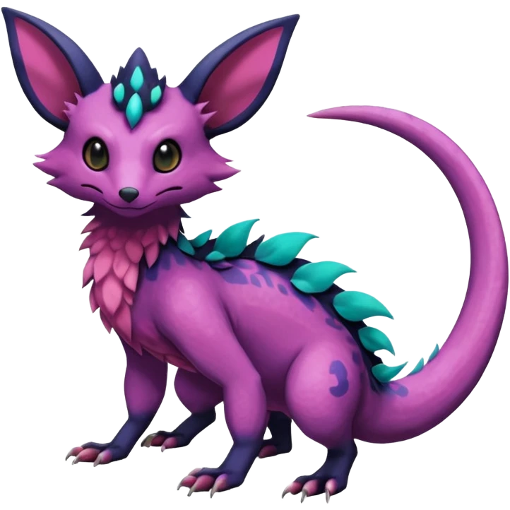 Rare epic aesthetic colorful Salandit-Noibat-Eevee-Genet-species-Fakemon-hybrid-creature, with markings, full body emoji