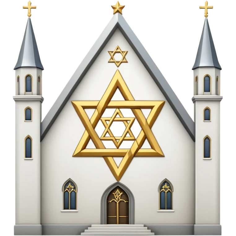 reform jewish synagogue similar in architecture to historical religious architecture in europe. the building should be white with silver/golden features, gothic architectural elements and star of david. no crosses. the emoji should be in ios emoji style. emoji