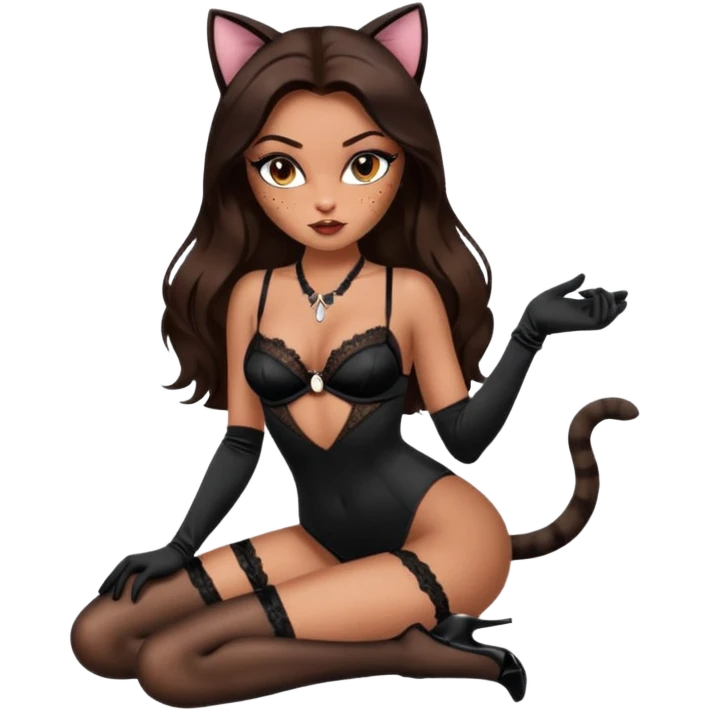 A sexy bratz girl. with caramel skin. Dark brown hair and brown eyes. She has freckles. Wearing sexy makeup. Dressed as a sexy cat. wearing lingerie. black heels on and long black gloves  emoji